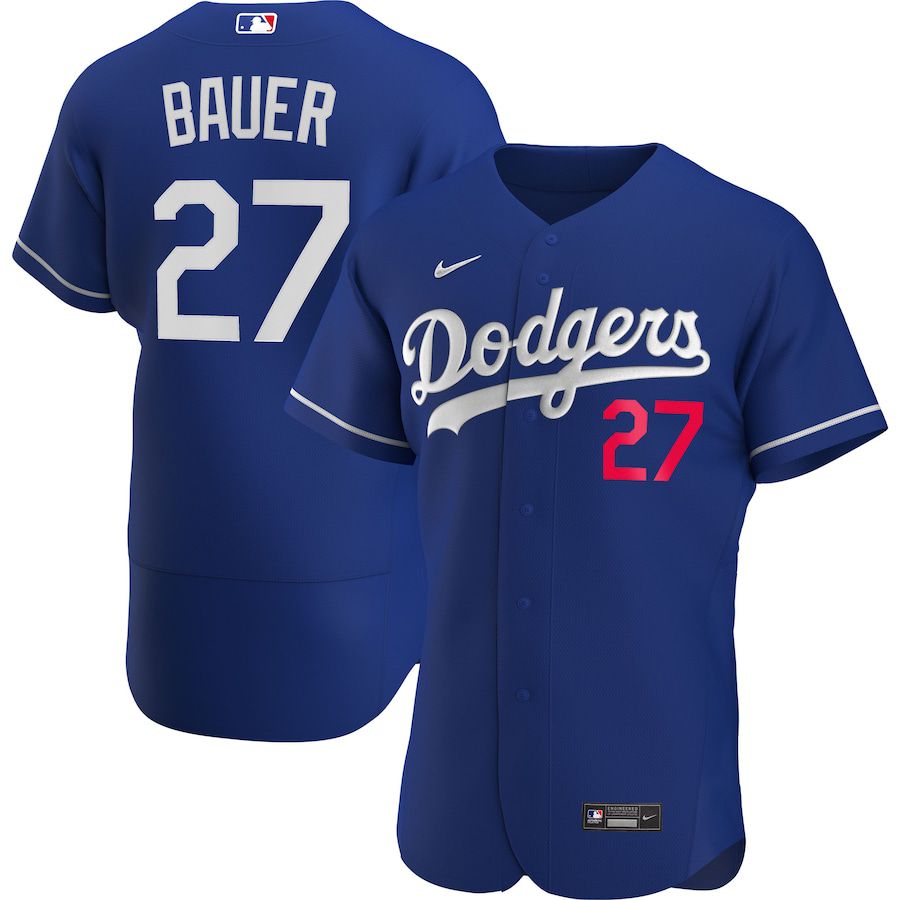 Mens Los Angeles Dodgers 27 Trevor Bauer Nike Royal Alternate Authentic Player MLB Jerseys